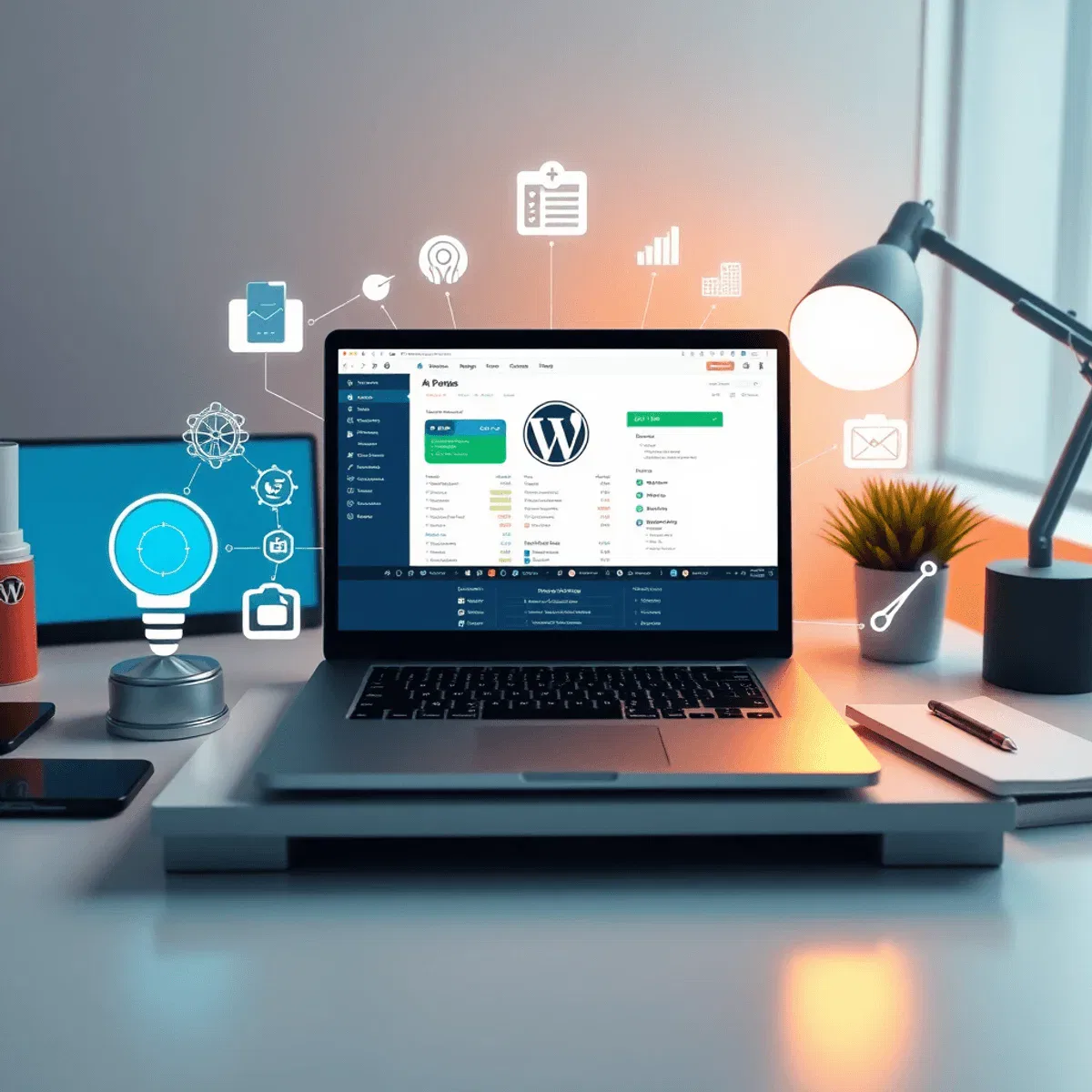 A modern desk with a laptop showing a WordPress dashboard, surrounded by icons for AI, SEO, automation, and content creation, lit by warm light.