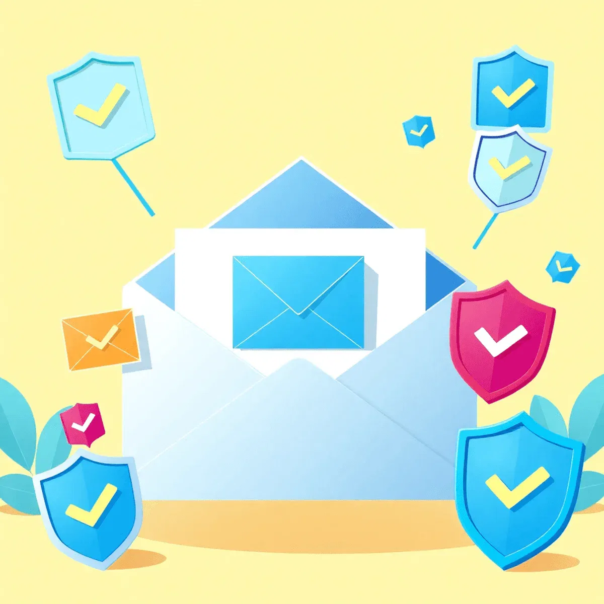 A modern digital illustration of a clean email inbox with colorful envelopes, checkmarks, and shield icons on a bright background symbolizing secur...