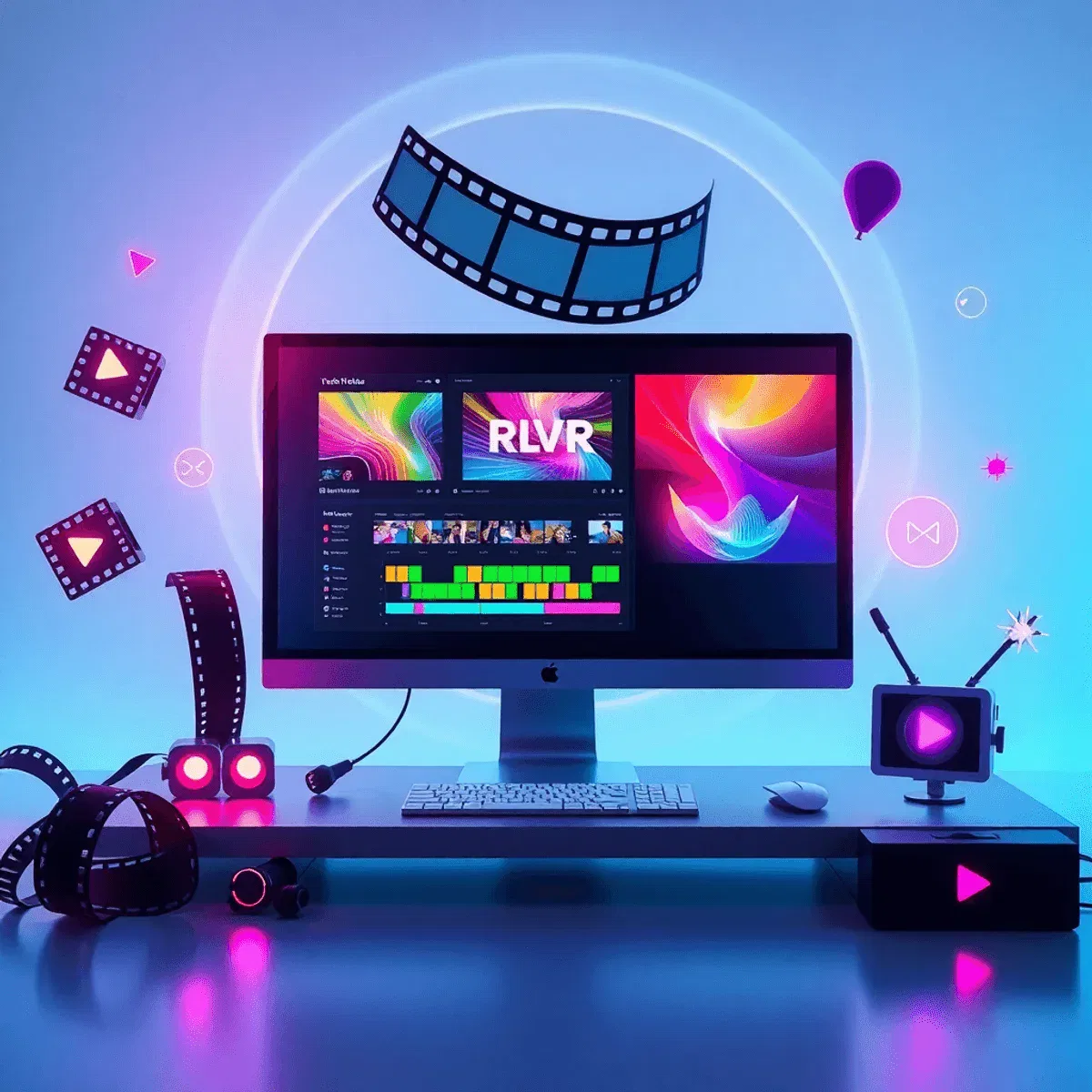 A modern digital workspace with a sleek computer showing colorful video editing timelines and AI effects, surrounded by floating film strips and gl...