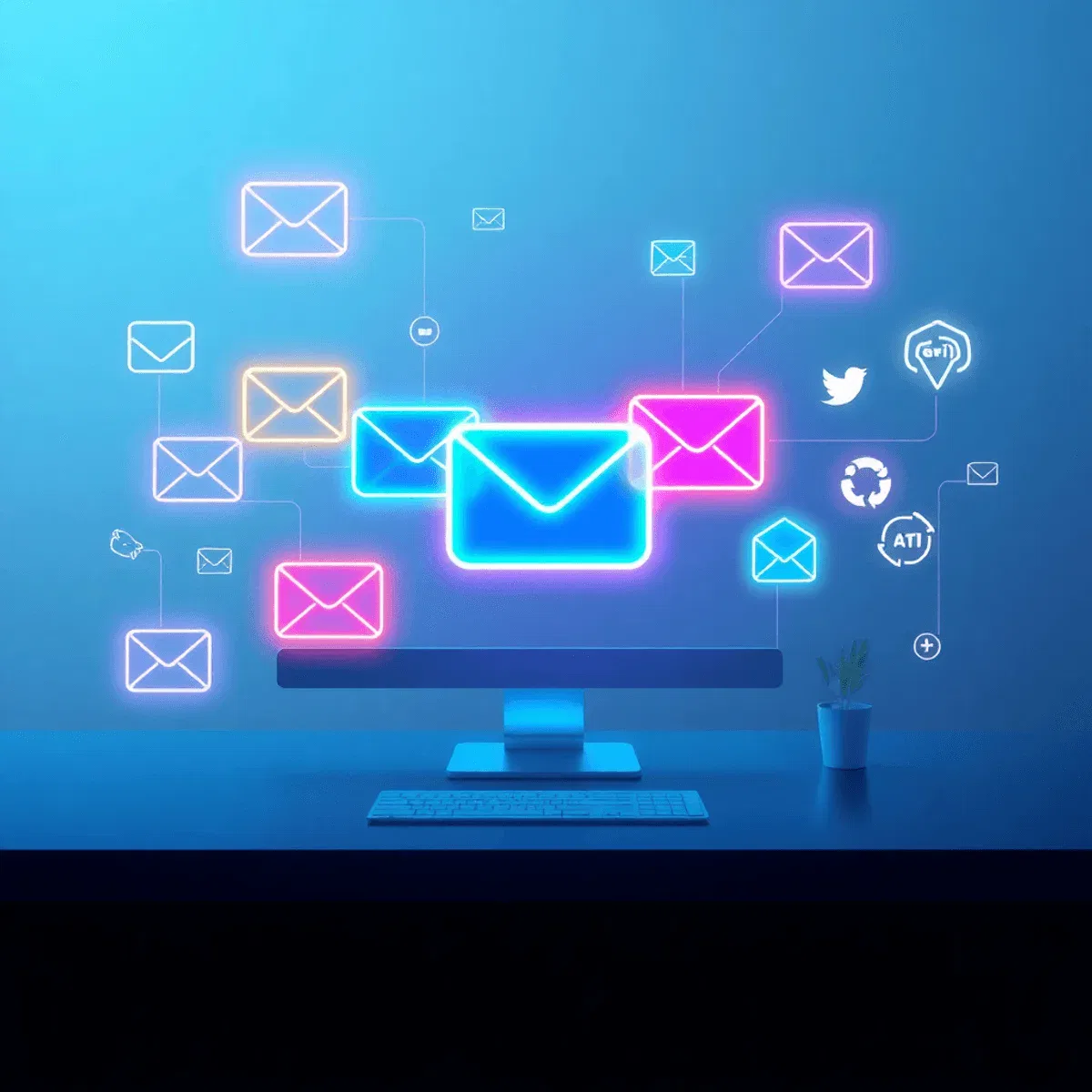 A modern digital workspace with glowing chat bubbles, message icons, email, phone, social media symbols, and AI motifs on a sleek, gradient backgro...