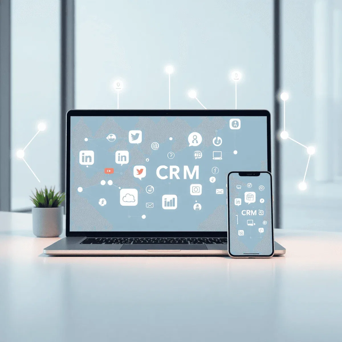 A modern workspace with a laptop and smartphone showing social media and CRM icons, surrounded by glowing interconnected nodes and arrows on a brig...