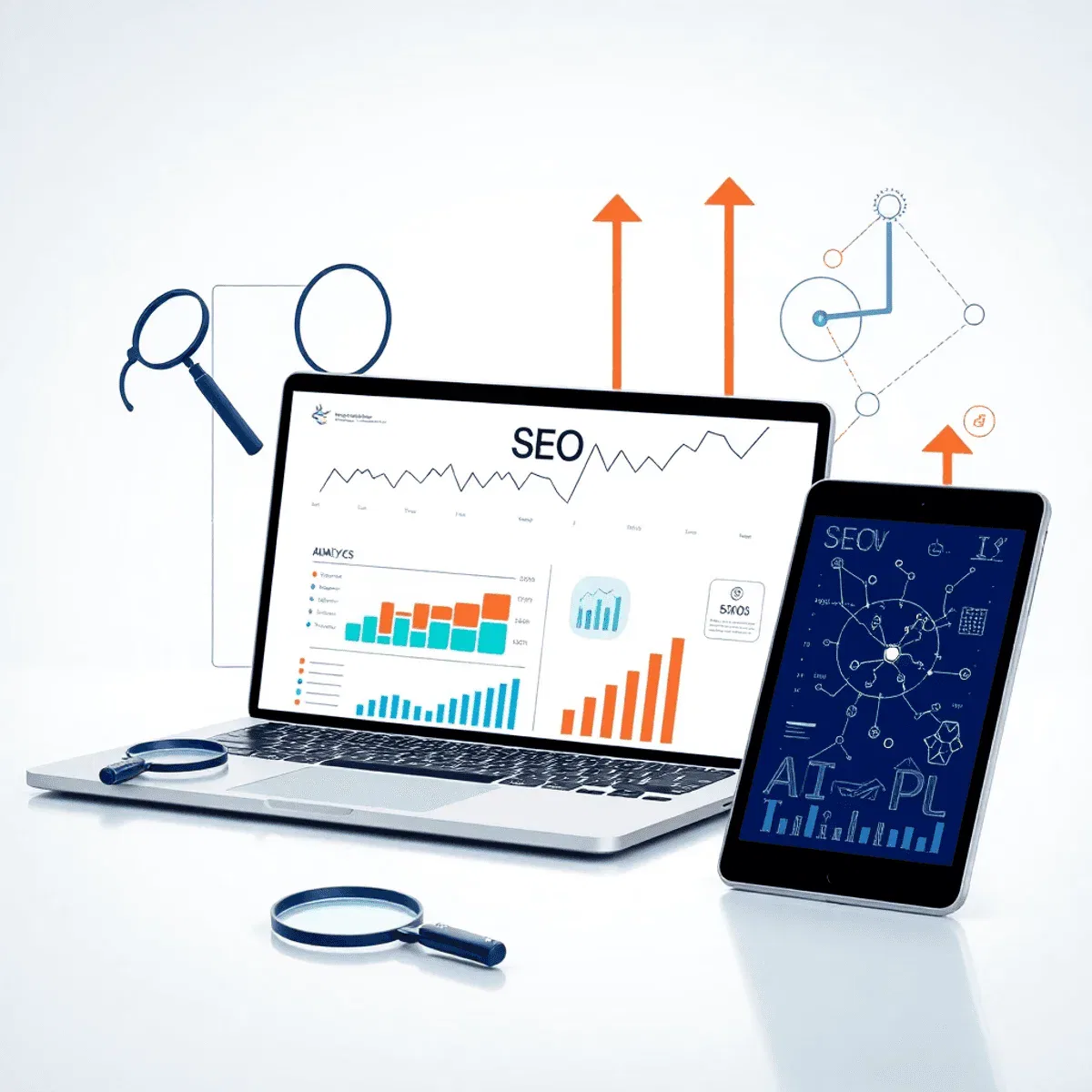 A modern workspace with a laptop and tablet showing SEO analytics graphs, surrounded by magnifying glasses, arrows, and connected nodes on a bright...