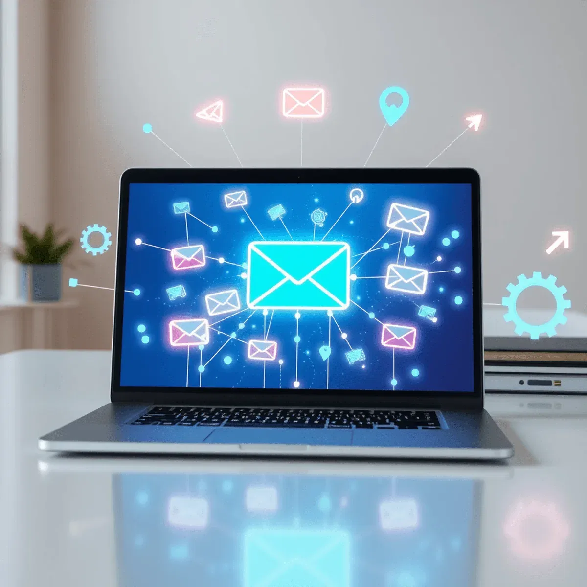 A modern workspace with a laptop showing abstract email icons and glowing network connections, surrounded by gears and arrows on a bright, clean ba...