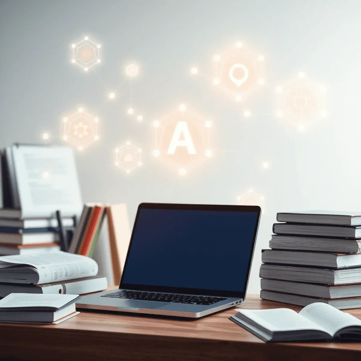 A modern workspace with a sleek laptop, academic books, research papers, and glowing digital AI elements floating above on a bright background.
