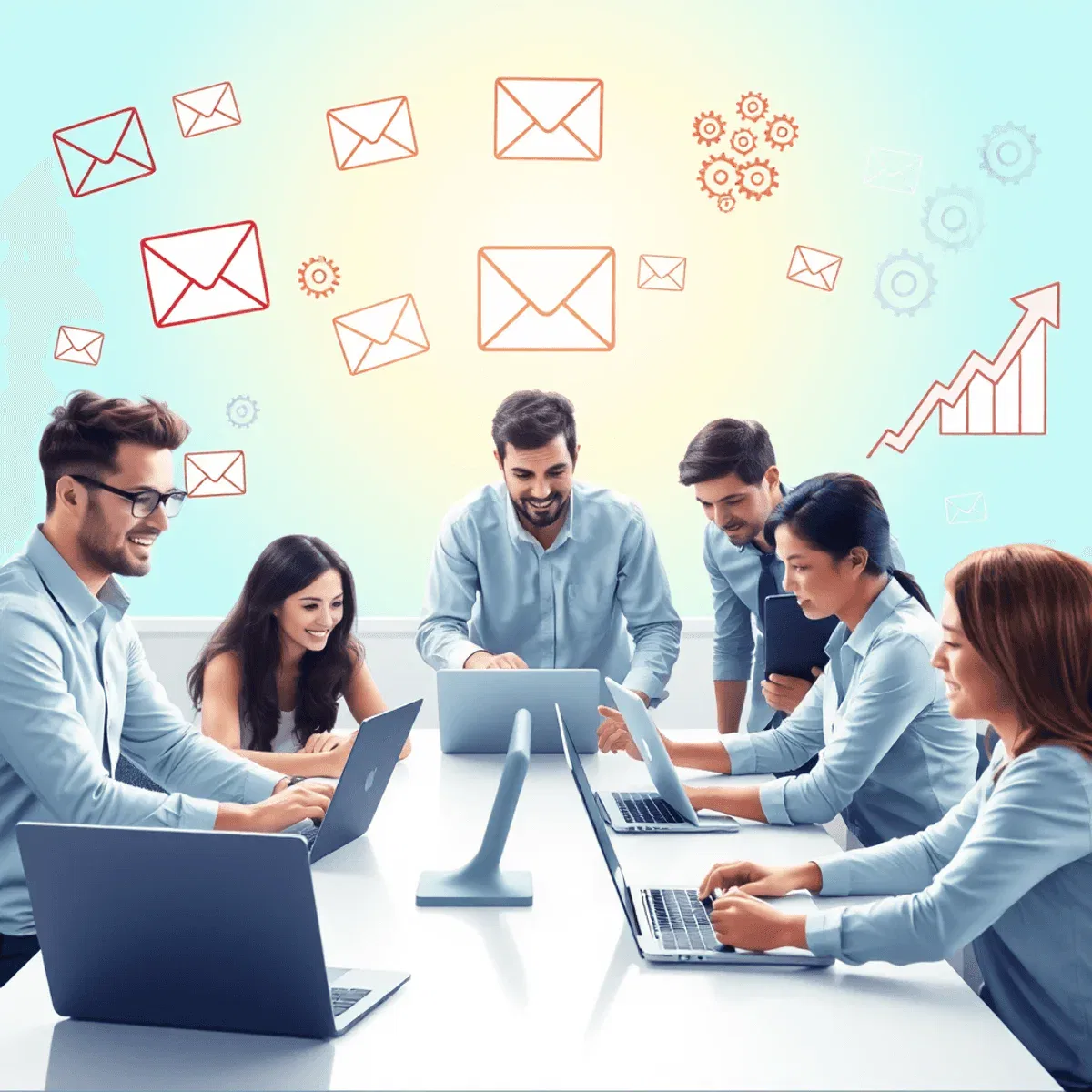 A modern workspace with professionals collaborating around laptops, surrounded by email marketing icons like envelopes, gears, and upward arrows on...