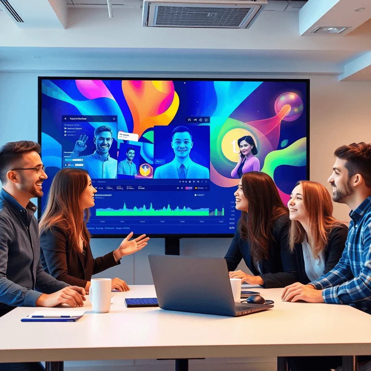 A modern workspace with professionals collaborating around a large digital screen showing vibrant video editing visuals and AI-generated avatars.