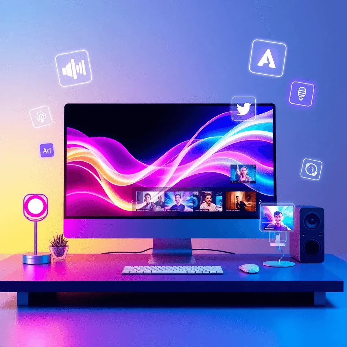 A sleek computer screen displays abstract waveforms morphing into colorful social media video thumbnails, surrounded by floating audio, video, and ...
