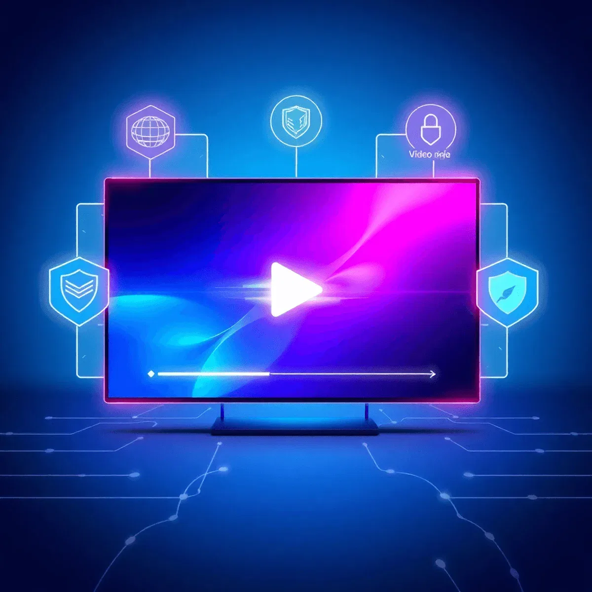 A sleek digital video player on a transparent screen with streaming, security, and connectivity icons glowing against a vibrant blue and purple tec...