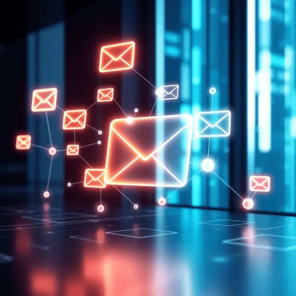 A sleek digital workspace showing glowing envelopes and interconnected nodes on a blue-green tech-inspired background symbolizing efficient email c...