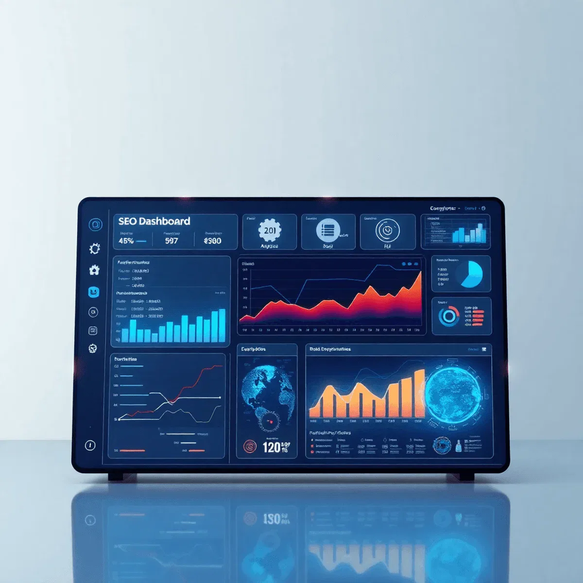 A sleek futuristic digital dashboard displaying glowing abstract data visualizations and AI graphics on a clean, minimalistic tech-themed background.