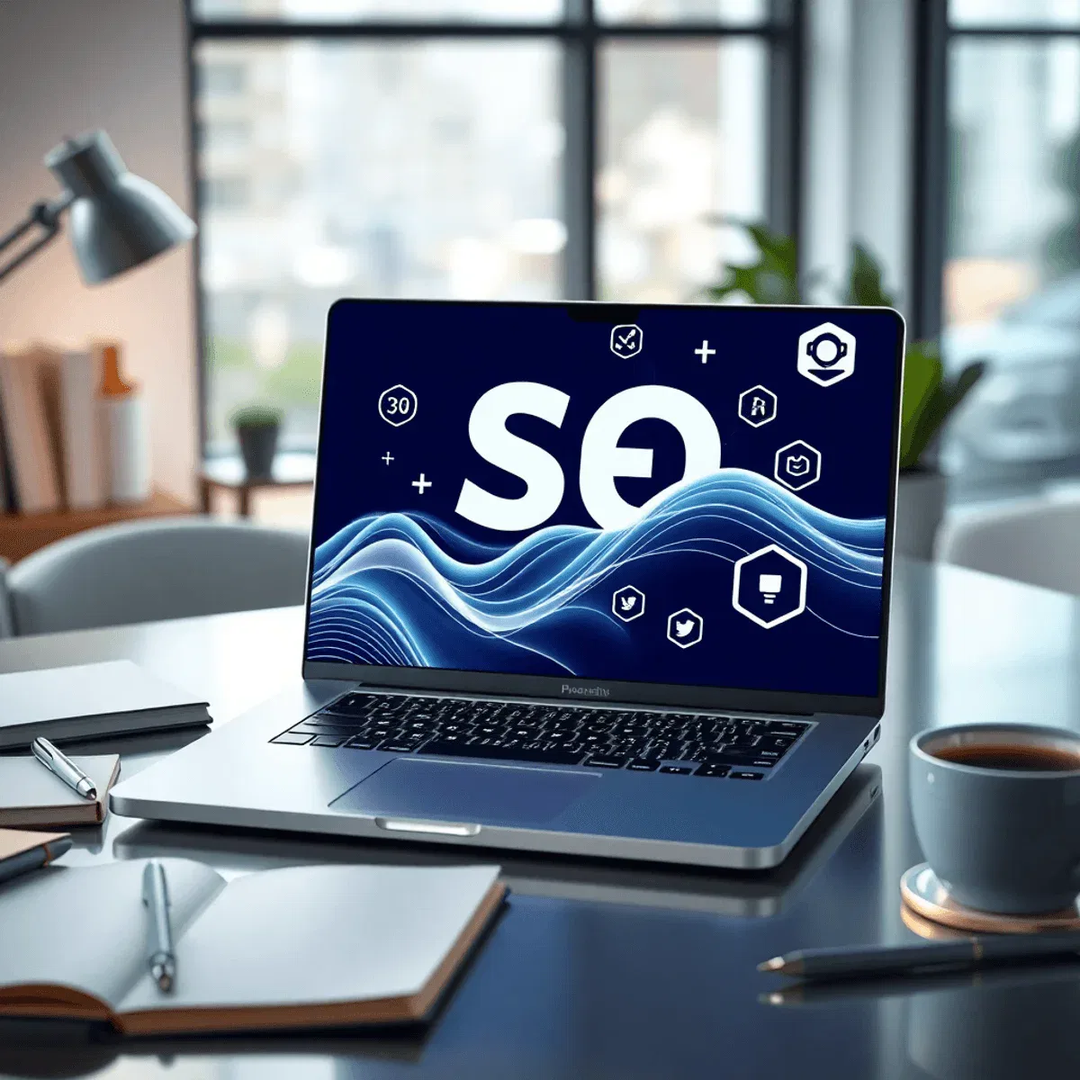 A sleek laptop showing abstract AI waves and SEO icons on a desk with notebooks, coffee, and bright background symbolizing innovation and productiv...