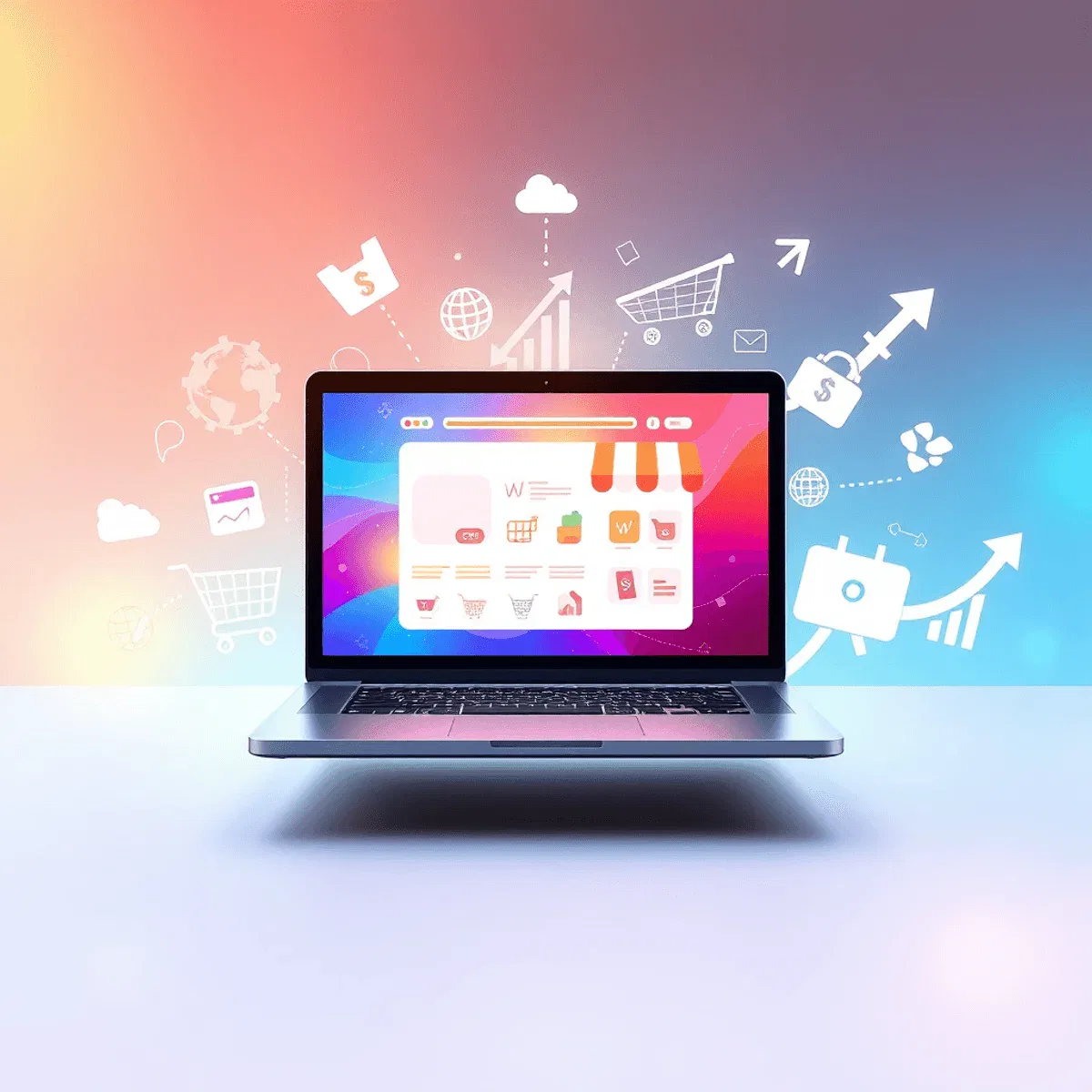A sleek laptop showing an abstract online store, surrounded by shopping carts, packages, currency icons, and growth charts against a bright, dynami...