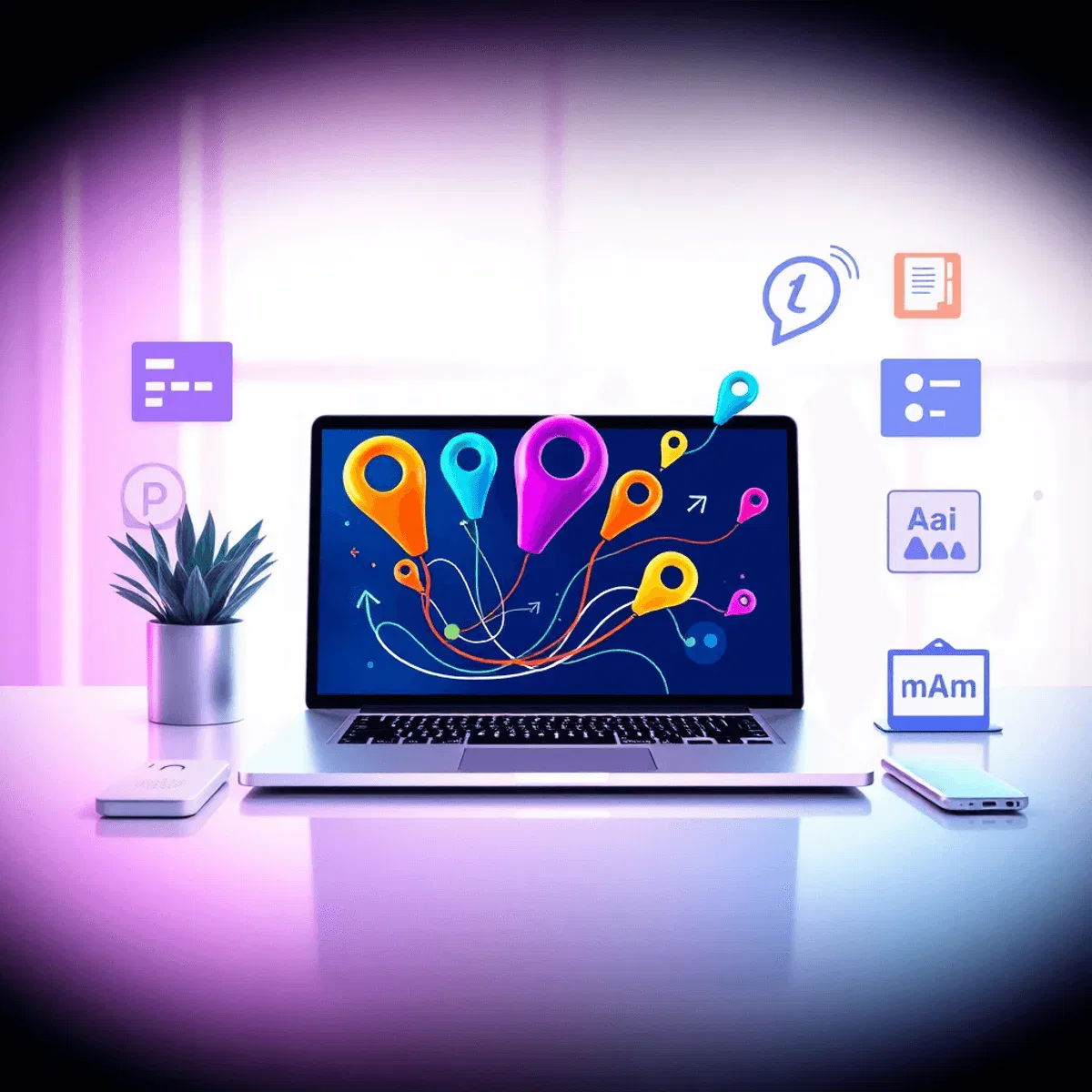 A sleek laptop showing colorful abstract shapes and arrows, surrounded by e-commerce and blogging icons on a bright, modern digital workspace.