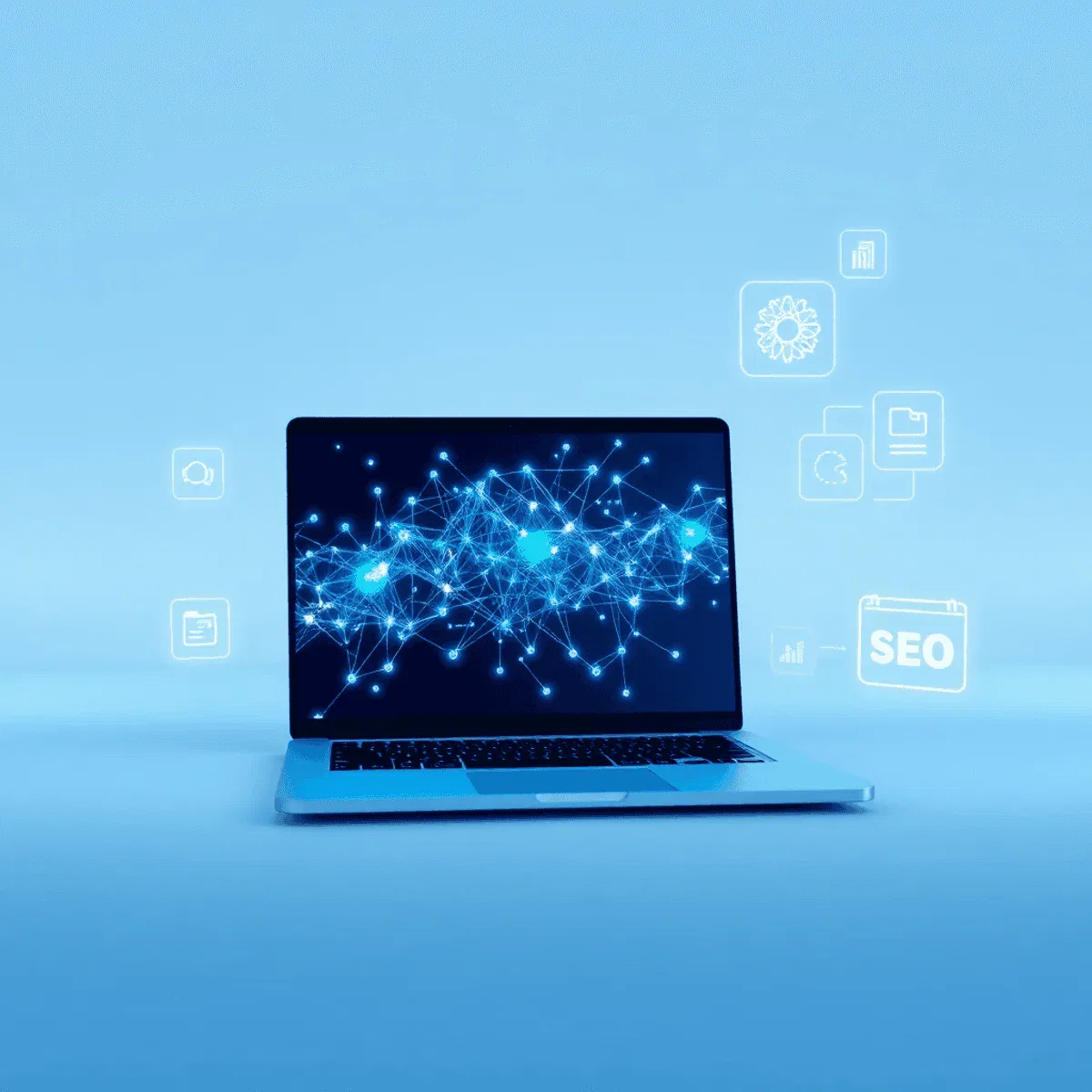 A sleek laptop showing glowing neural network patterns with floating AI, SEO, and content creation icons on a clean blue and white futuristic backg...