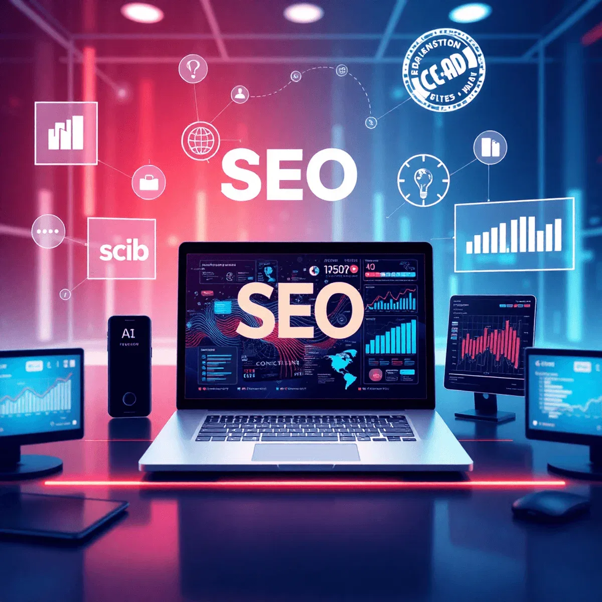 A sleek laptop with abstract data visuals and floating SEO icons like keywords and analytics graphs in a futuristic digital workspace.