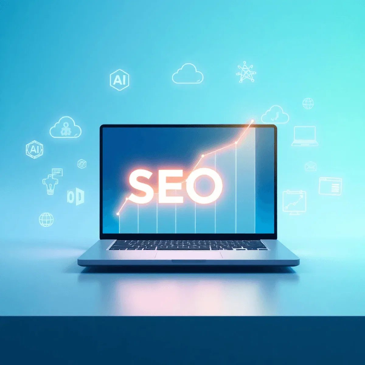 A sleek workspace with a laptop showing an abstract glowing SEO growth graph, surrounded by floating AI, cloud computing, and digital marketing icons.