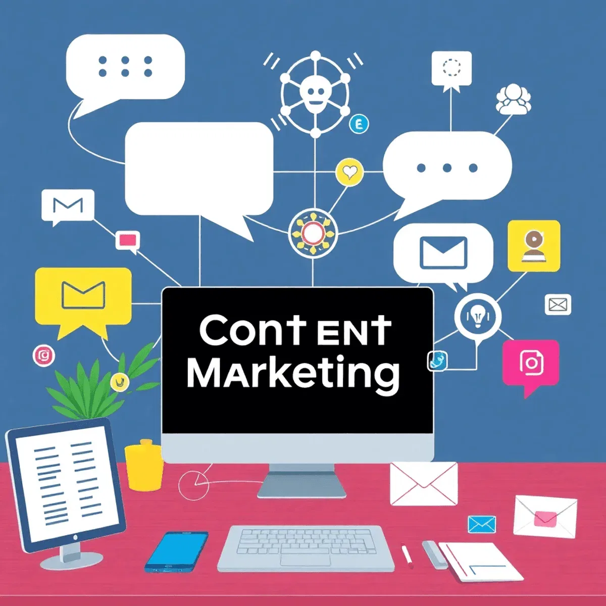 A vibrant digital workspace featuring abstract speech bubbles, interconnected AI nodes, and icons for social media, blogs, and emails in a realisti...