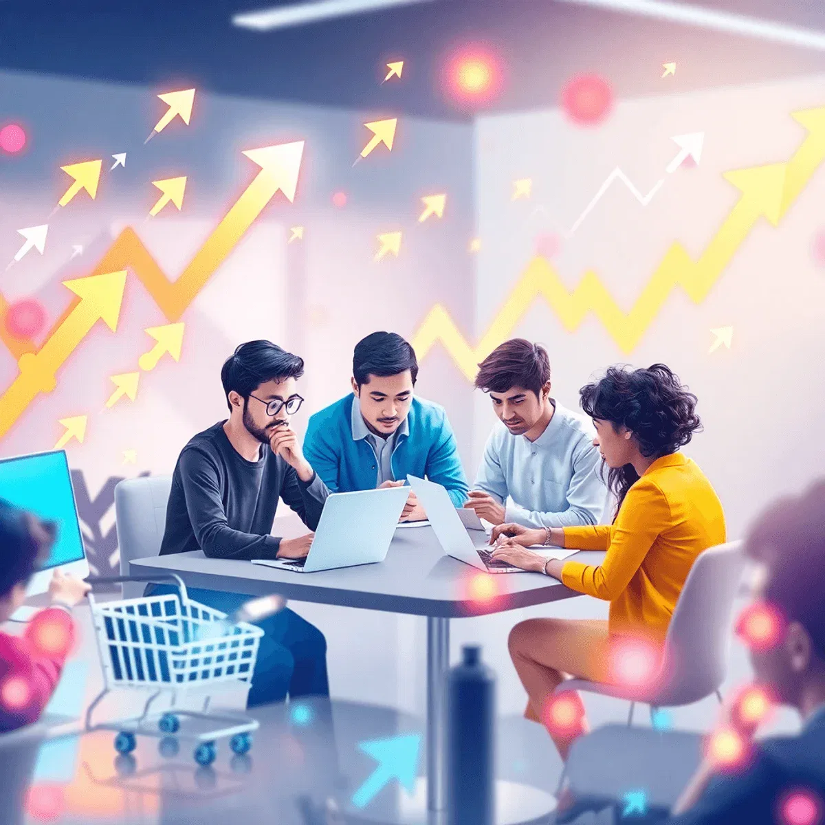 A vibrant digital workspace with creators collaborating on laptops, surrounded by glowing arrows, shopping carts, and flowing data streams on a bri...