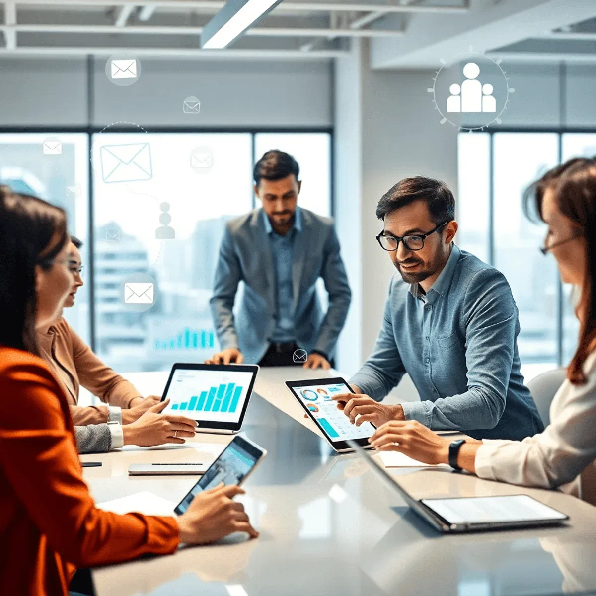 A vibrant modern workspace with professionals collaborating around a sleek desk, digital devices displaying graphs, and floating icons of email, ca...