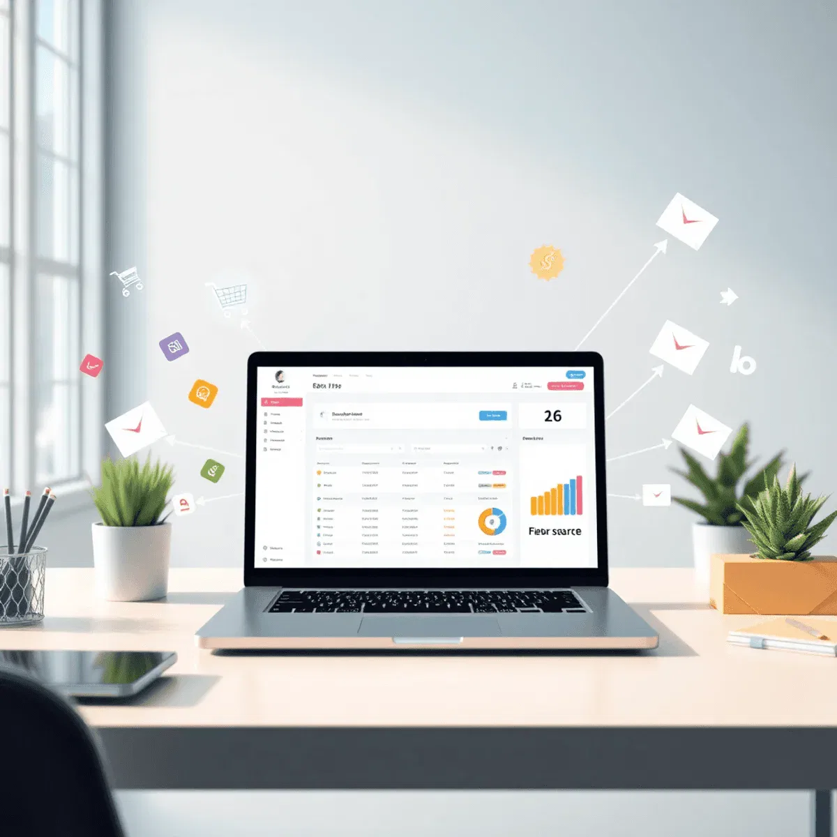 Bright modern workspace with laptop showing a clean ecommerce dashboard, surrounded by floating shopping carts, packages, credit cards, and vibrant...