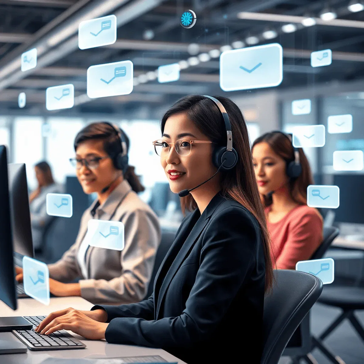Customer support center with agents interacting with futuristic AI holograms and floating chat icons, showcasing advanced chatbot technology and se...