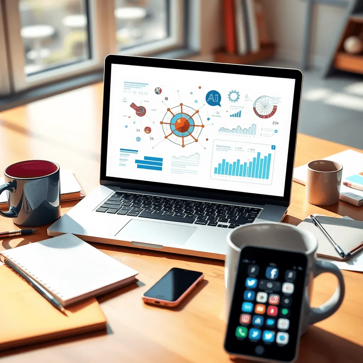 Laptop with AI graphics on screen, surrounded by notebooks, coffee cup, and smartphone with social media icons in a bright, modern workspace.