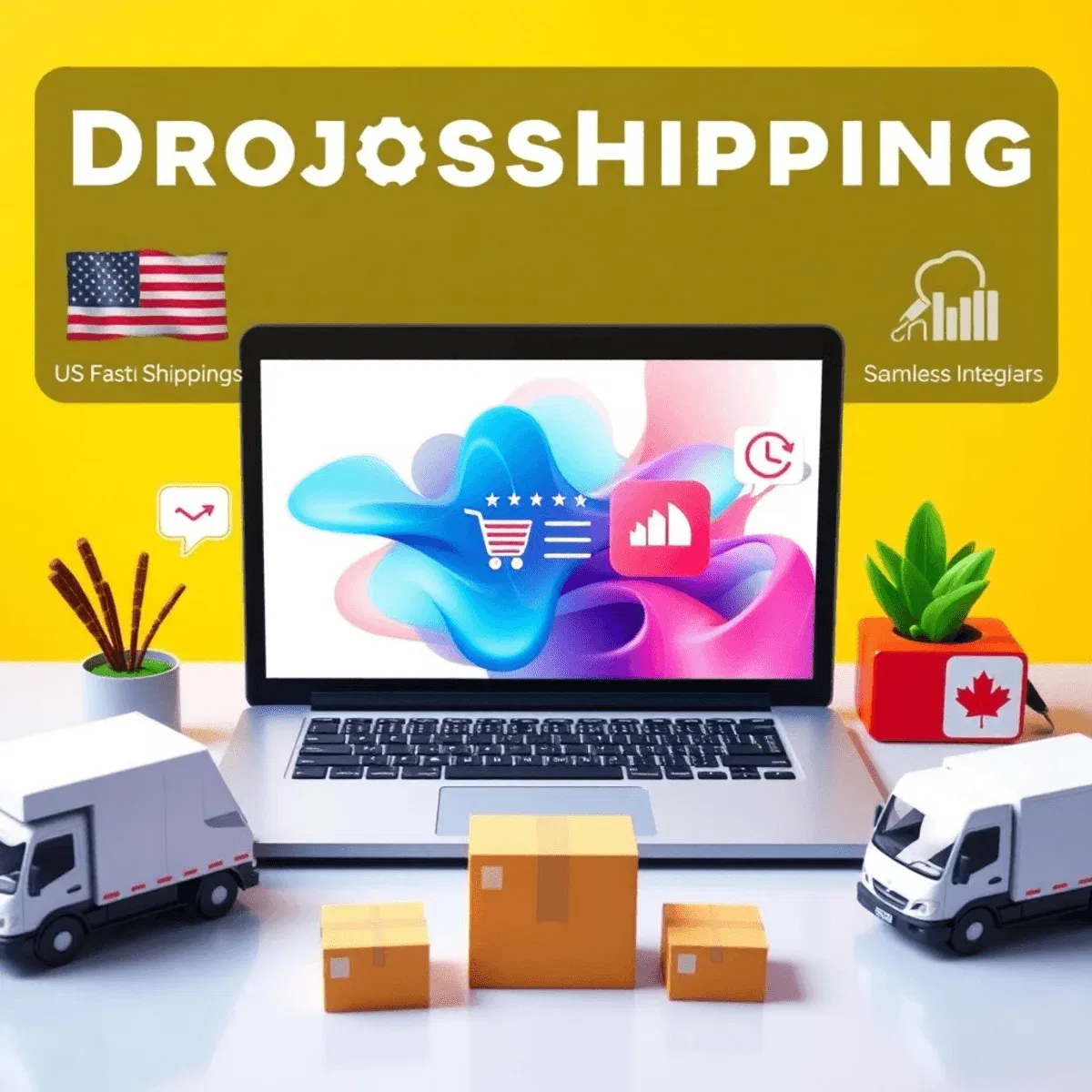 Modern eCommerce workspace with laptop showing online store, delivery trucks, boxes, US and Canadian supplier icons, symbolizing fast shipping and ...