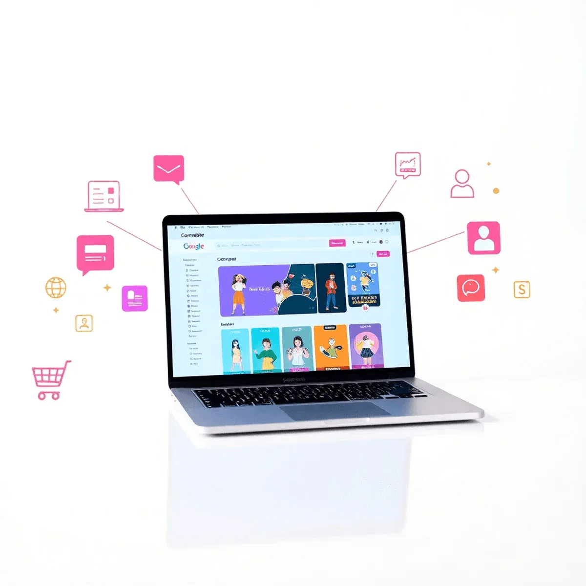 Modern ecommerce workspace with a sleek laptop showing a customizable online store, surrounded by shopping icons on a bright, clean background.