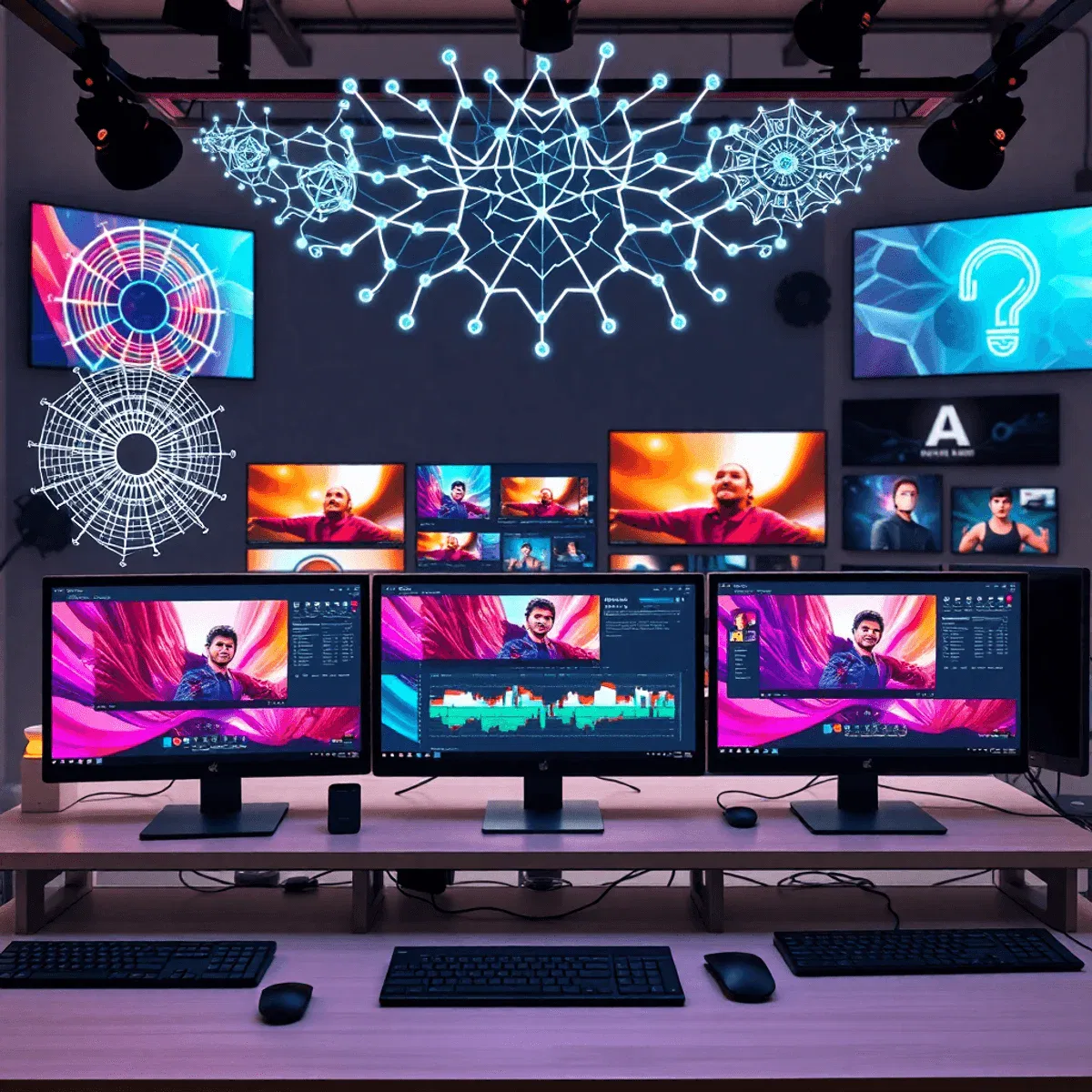 Modern studio workspace with sleek computers showing abstract video editing, AI neural patterns, digital avatars, and vibrant e-commerce product im...
