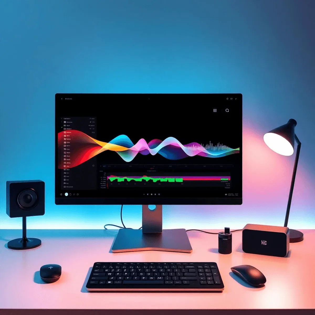 Modern workspace with a high-res screen showing abstract video and audio waveforms, surrounded by minimalist tech gadgets and soft ambient lighting.