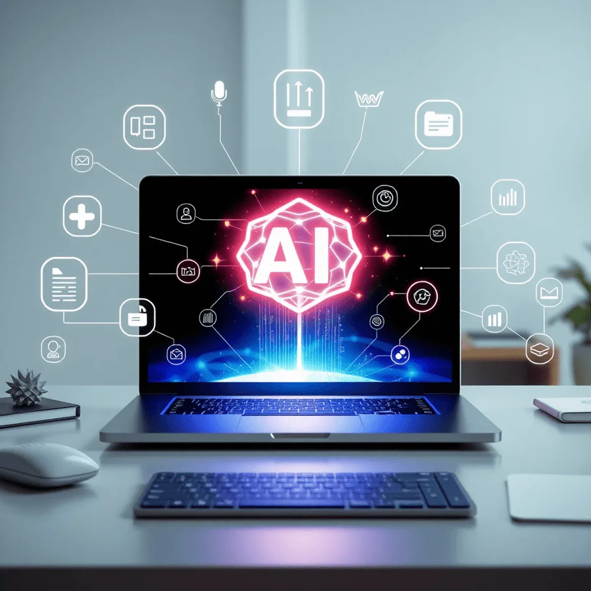 Modern workspace with a laptop showing a glowing AI interface, surrounded by icons for marketing, SEO, writing, and creativity connected by light t...