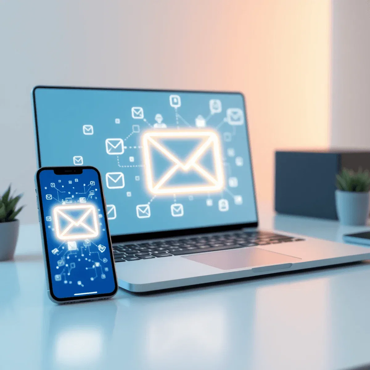 Modern workspace with laptop and smartphone showing glowing email icons and digital graphs in blue and white tones, symbolizing AI-driven marketing...