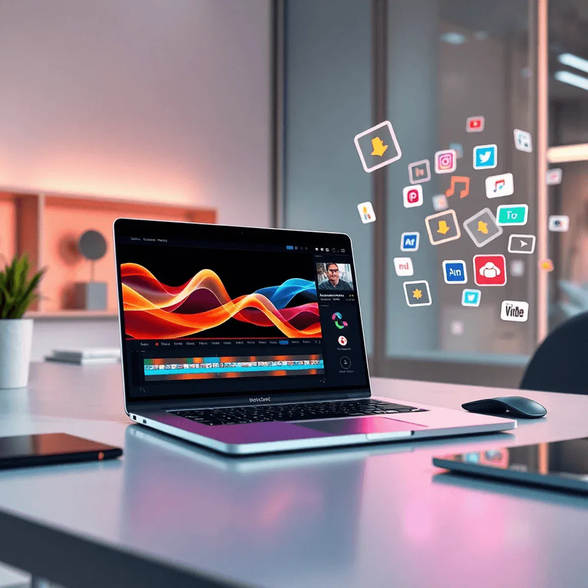 Modern workspace with laptop showing abstract video waveforms, colorful digital clips, and vibrant AI and social media icons in bright, dynamic lig...