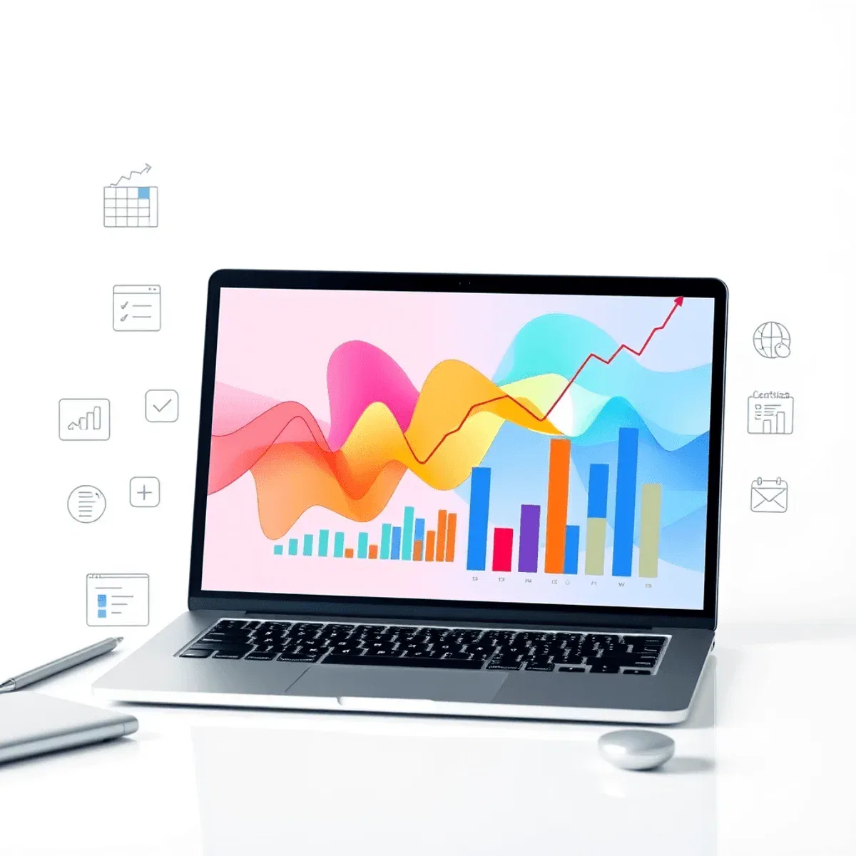 Modern workspace with laptop showing colorful SEO graphs, surrounded by icons of data analysis and digital marketing on a bright, clean background.
