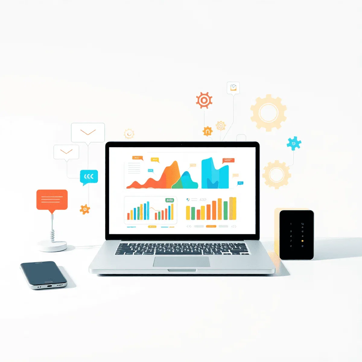 Modern workspace with laptop showing colorful charts, surrounded by icons of communication, automation, and customization on a clean digital backgr...