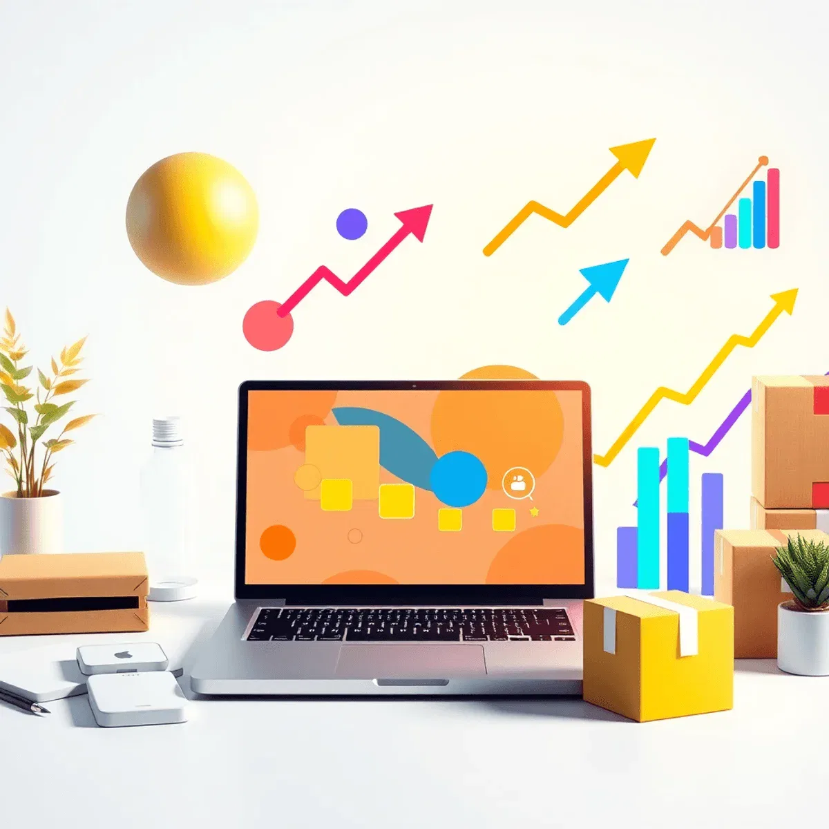 Modern workspace with laptop showing product designs, shipping packages, and colorful marketing icons on a bright background symbolizing ecommerce ...