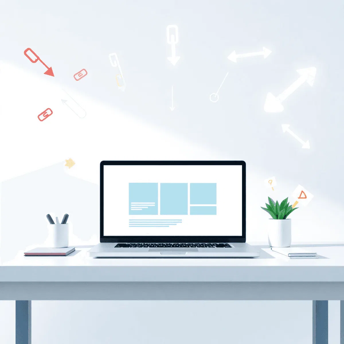 Modern workspace with laptop showing website, surrounded by floating link symbols and arrows, on a bright background symbolizing smooth navigation ...
