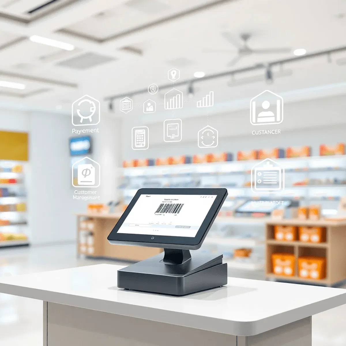 Sleek modern retail counter with minimalist POS terminal, barcode scanner, and floating digital icons for payment, customer management, and connect...