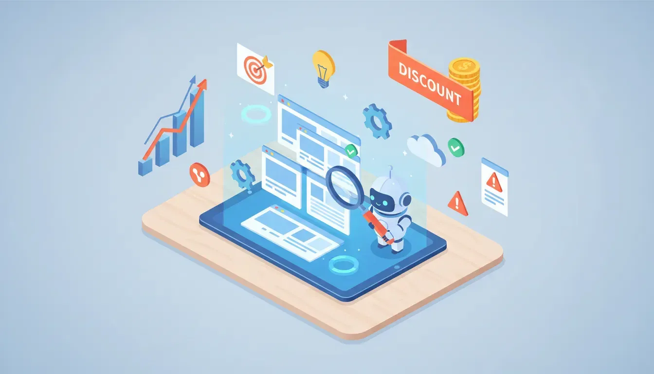 Isometric illustration of an automated SEO dashboard: a robot auditing webpage thumbnails with charts, green checkmarks and a sale ribbon indicating a discounted AppSumo-style deal