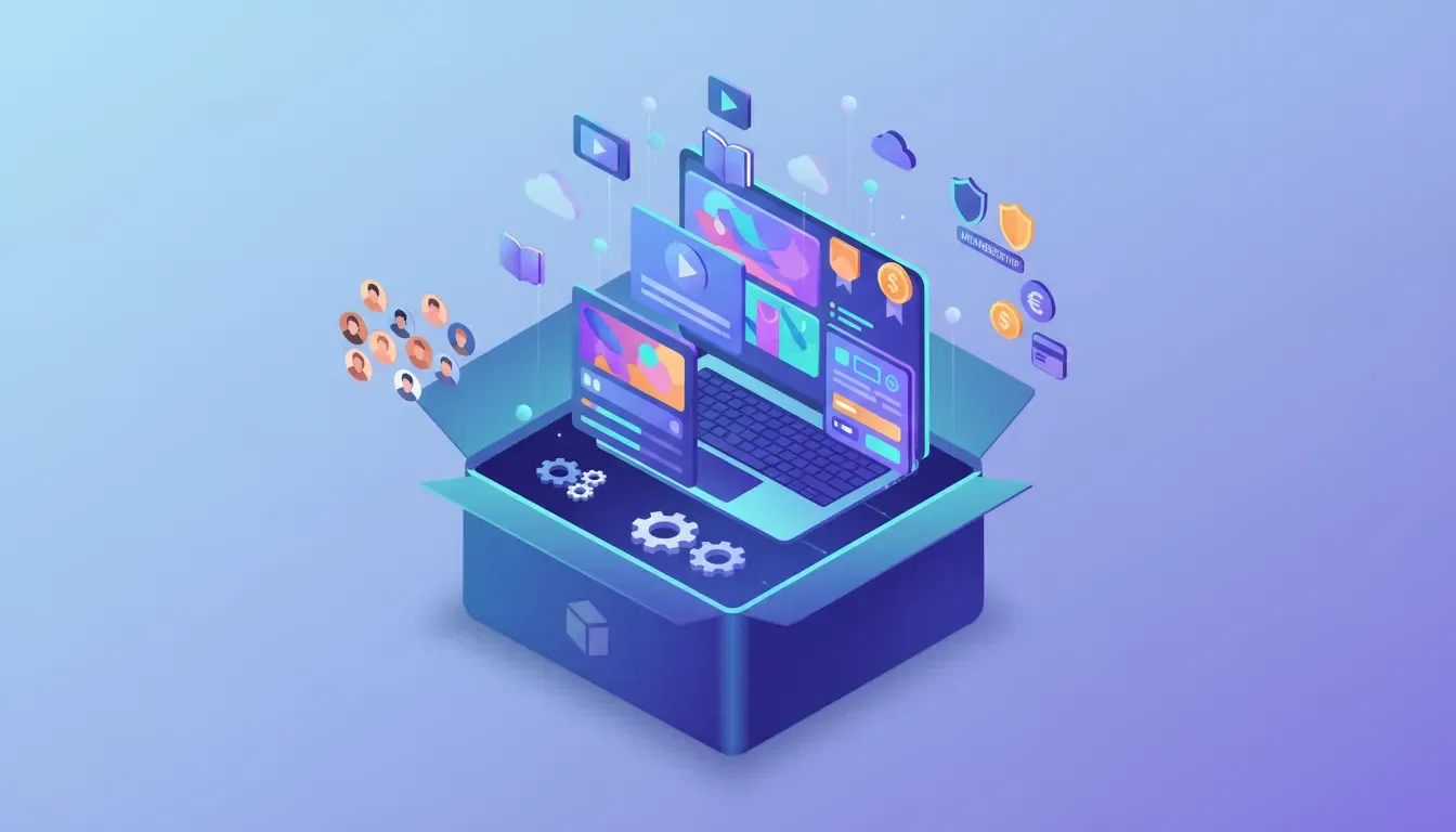 Illustration of an all-in-one academy builder dashboard with course cards, membership badges, and community avatars emerging from a digital box