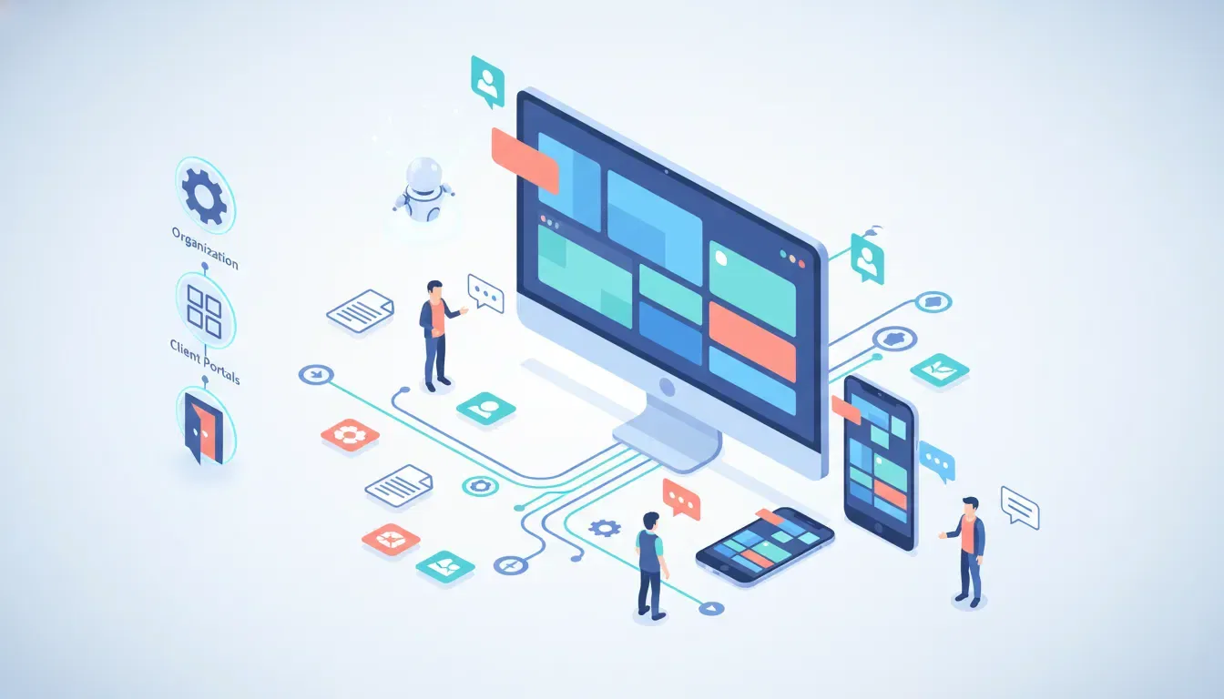 Isometric illustration of a modern SaaS workspace showing branded client portals, automated workflow connections, team collaboration, and an AI assistant, visualizing FuseBase features