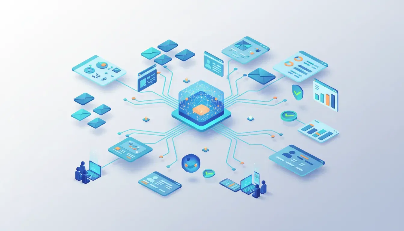 Isometric illustration of AI-driven backlink outreach: a glowing AI core connecting website thumbnails, email envelopes, CRM contact cards, verification checkmarks and metric widgets in a clean blue/teal tech style (no text).