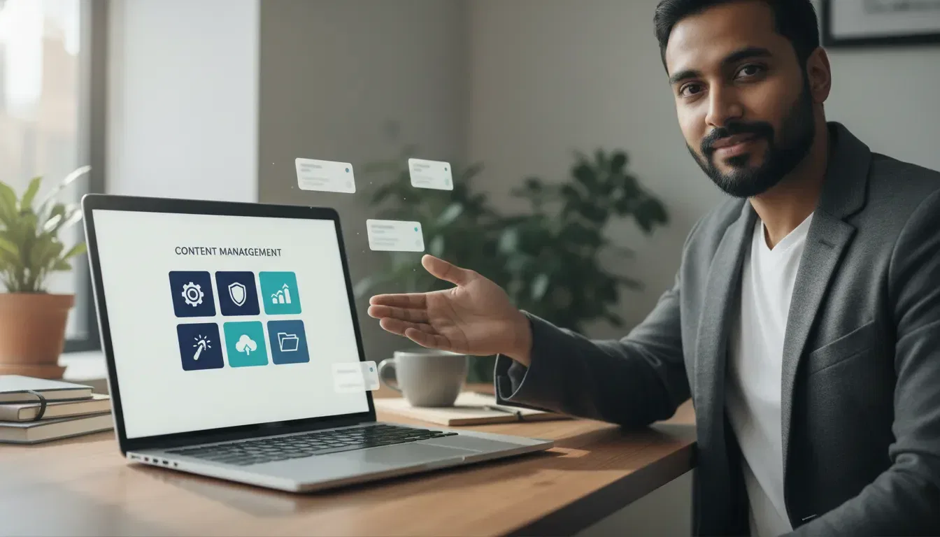 Agency owner pointing at a laptop showing a clean white-labeled WordPress dashboard with cohesive branded plugin tiles and simple icons