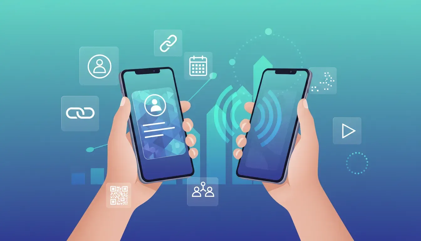 Smartphones exchanging a Swft Connect-style digital business card with scanning waves, floating contact icons and subtle lead-capture analytics