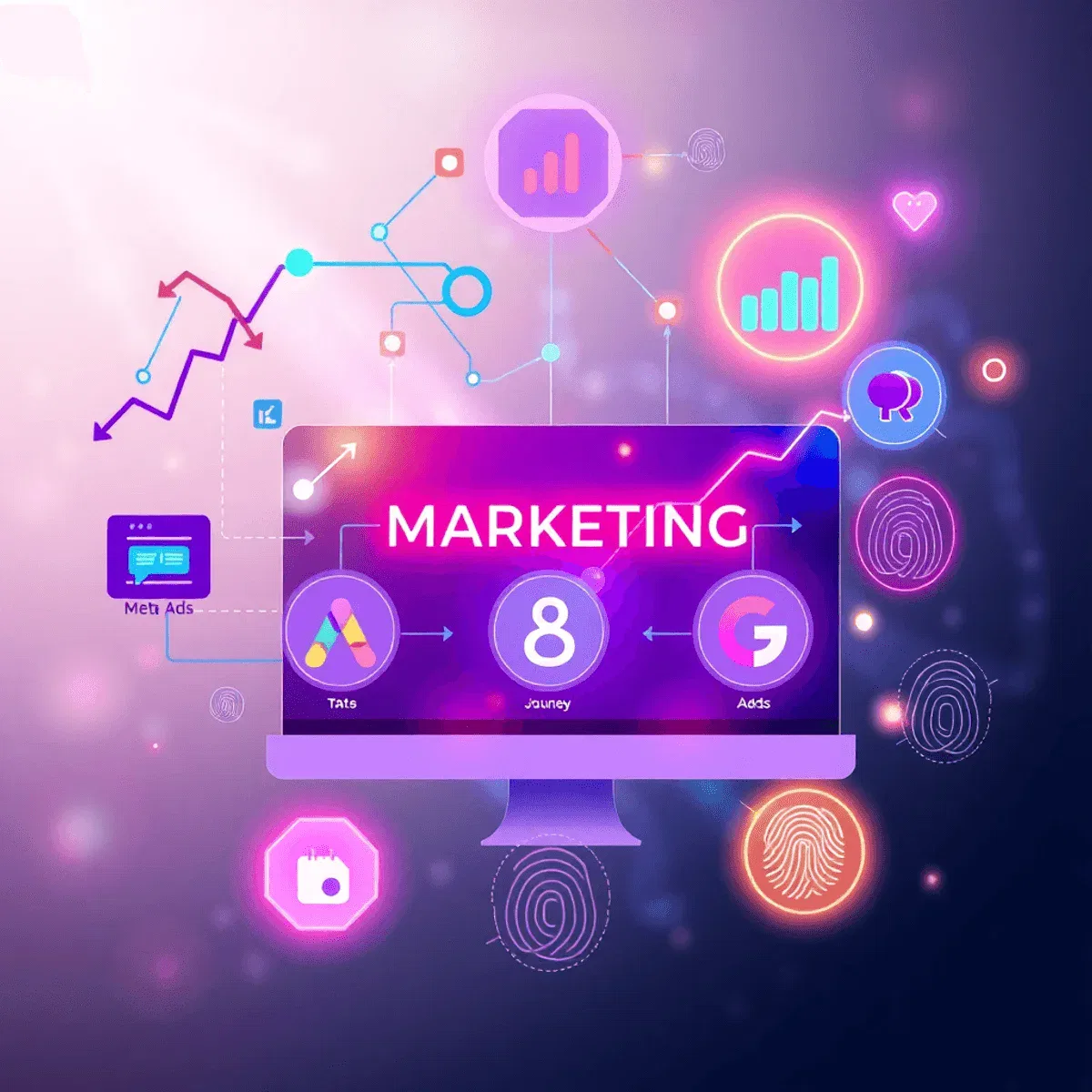 A vibrant digital marketing concept with colorful graphs, interconnected arrows, glowing nodes, Meta Ads and Google Ads icons, digital fingerprints...