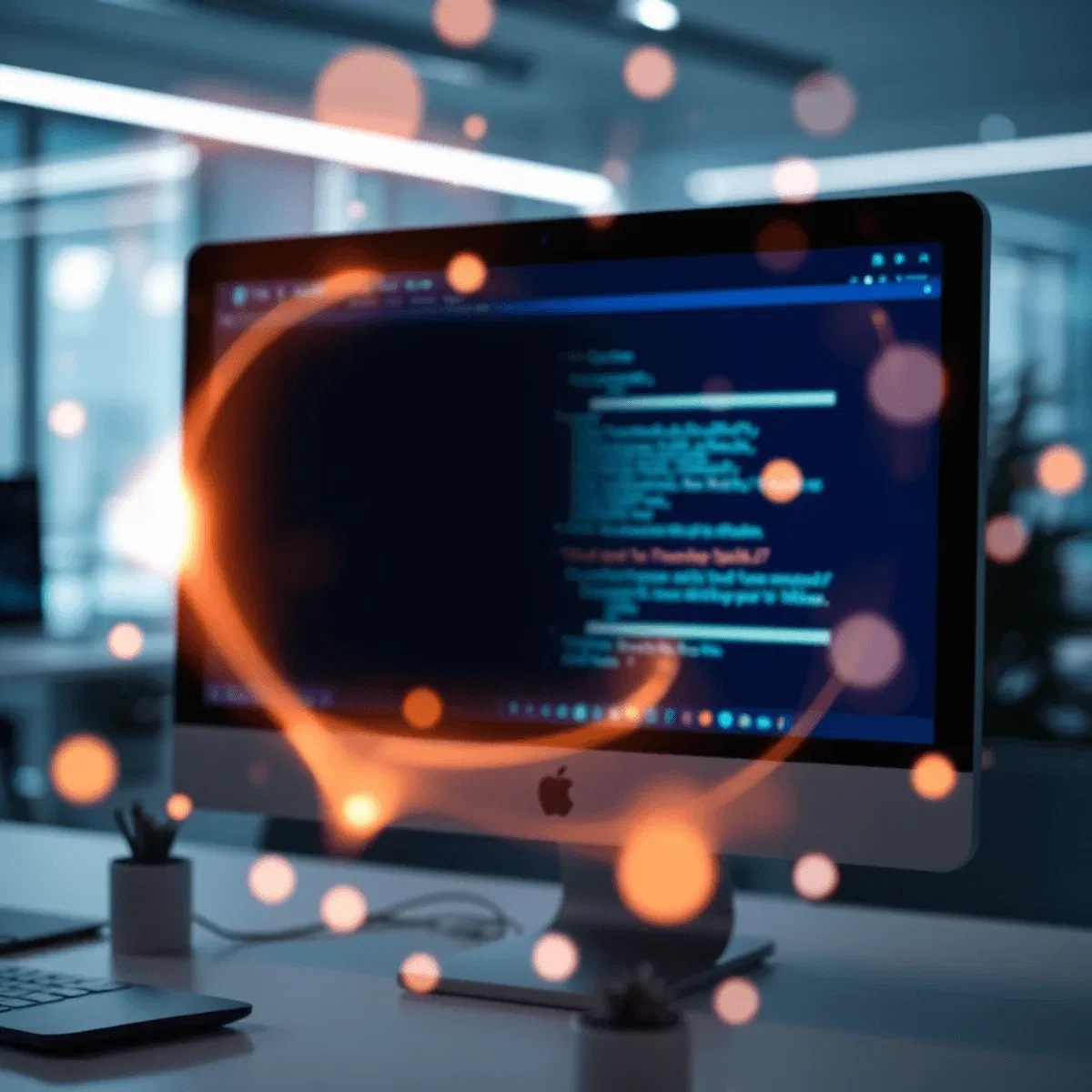 Close-up of a computer screen with blurred content, glowing light, and abstract shapes symbolizing digital privacy in a modern workspace.