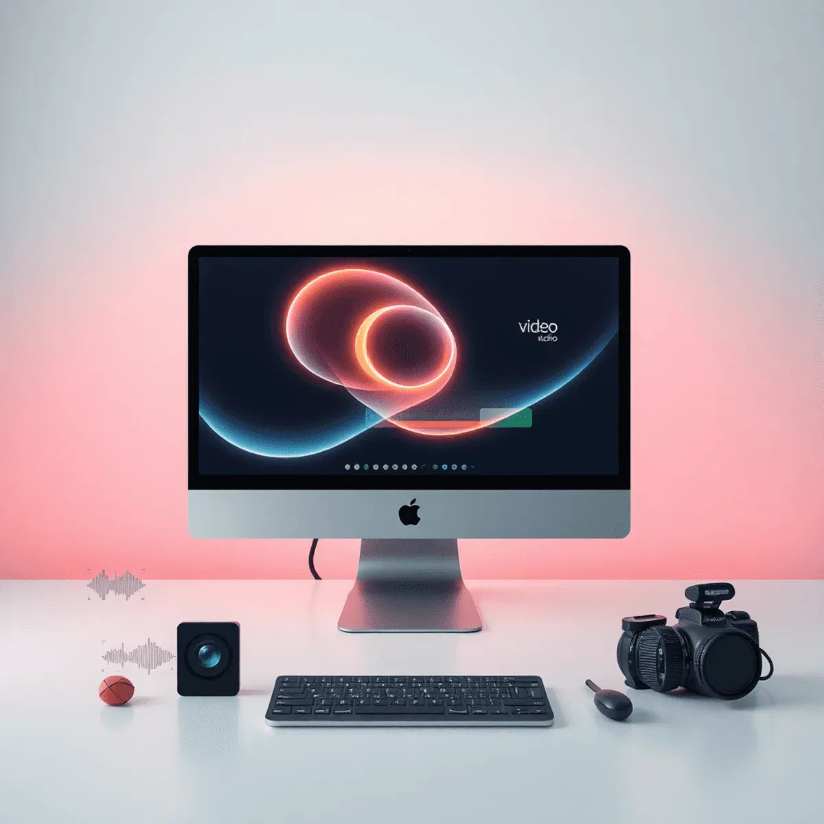 Modern workspace with a Mac showing glowing abstract shapes for video editing, surrounded by icons of audio waves, camera lenses, and motion effect...