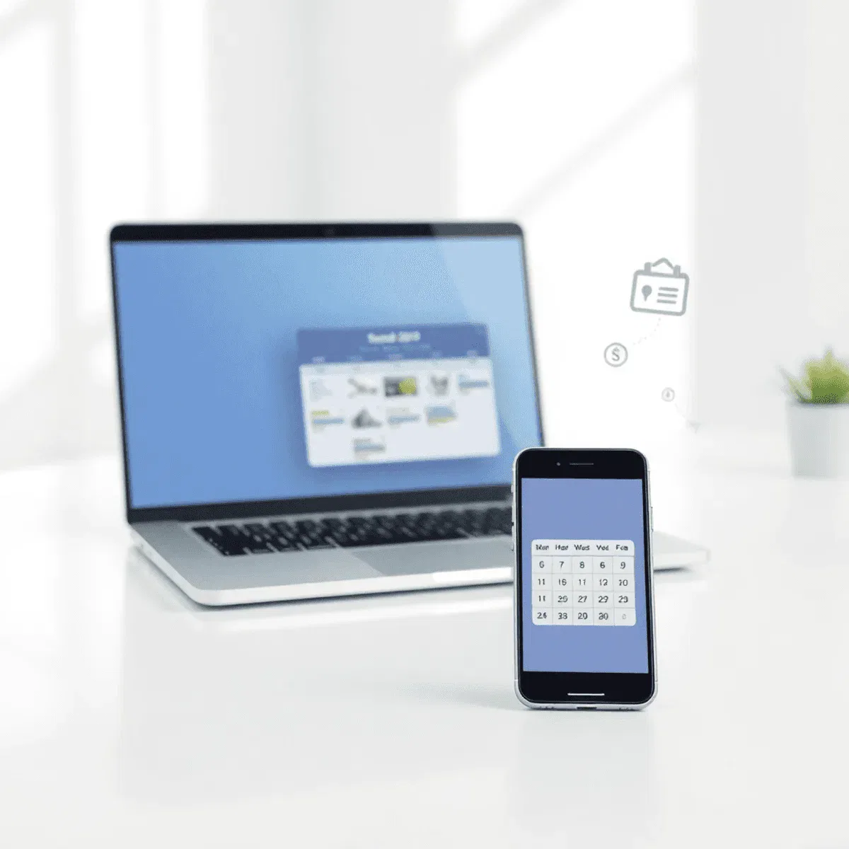 Modern workspace with laptop and smartphone showing calendar and scheduling icons, surrounded by digital network lines and payment symbols on a bri...