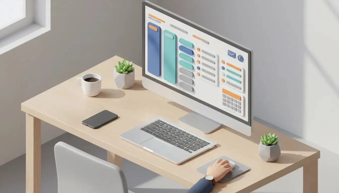Stylized isometric CRM dashboard illustration on a laptop and monitor showing Kanban pipeline, lead cards, calendar and email icons on a minimalist desk