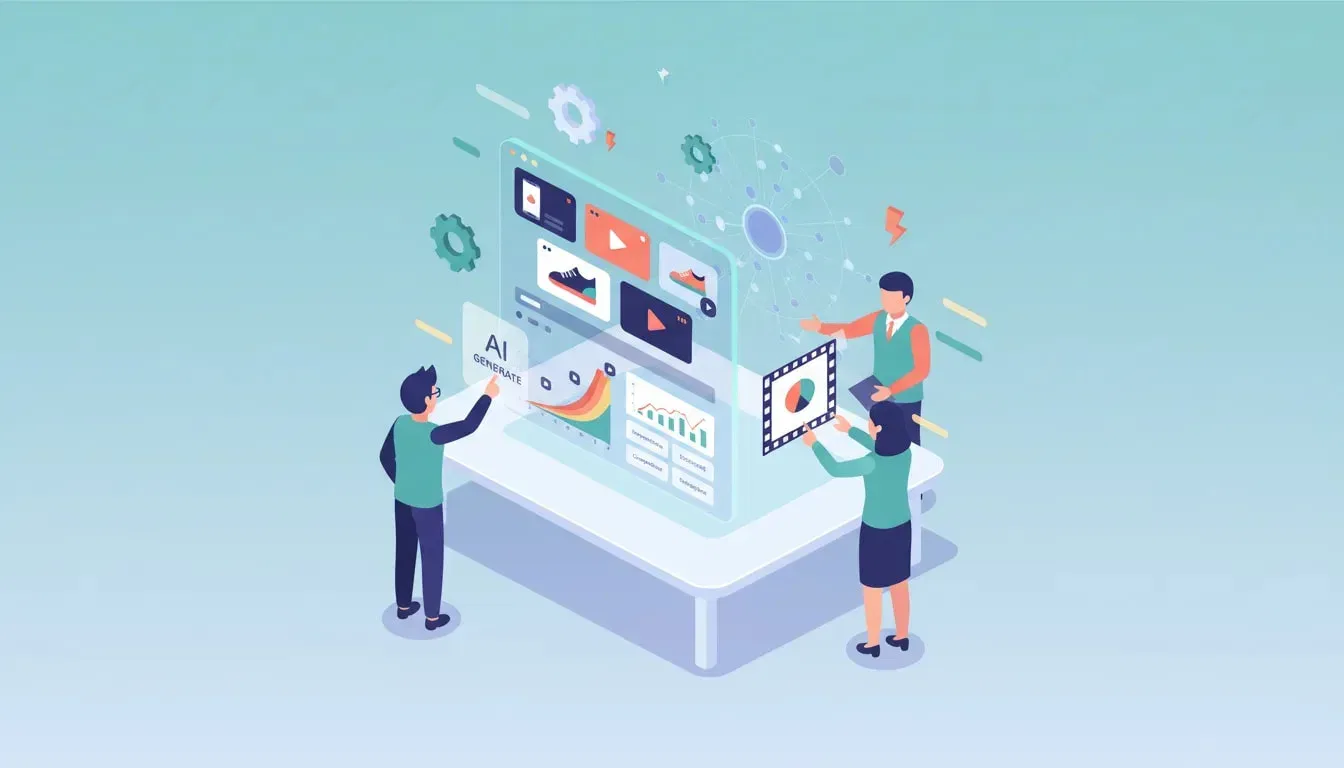 Isometric illustration of marketers using an AI-powered ad creation dashboard with floating ad creatives, analytics charts, and video-generation visuals